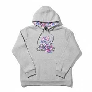 Adidas Floral Logo Hoodie Gray Pink Blue Pullover Sweatshirt XL